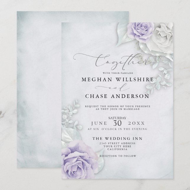 Elegant Pastel Lilac Roses Invitation (Front/Back)