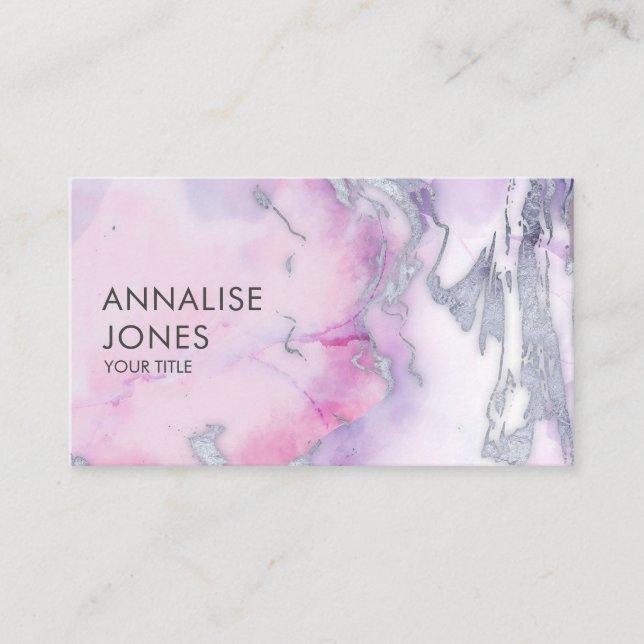 Elegant pastel liquid marble and silver business card (Front)