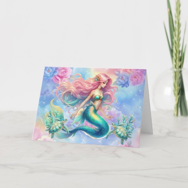 Elegant Pastel Mermaid & Sea Turtles Note Card (Front)