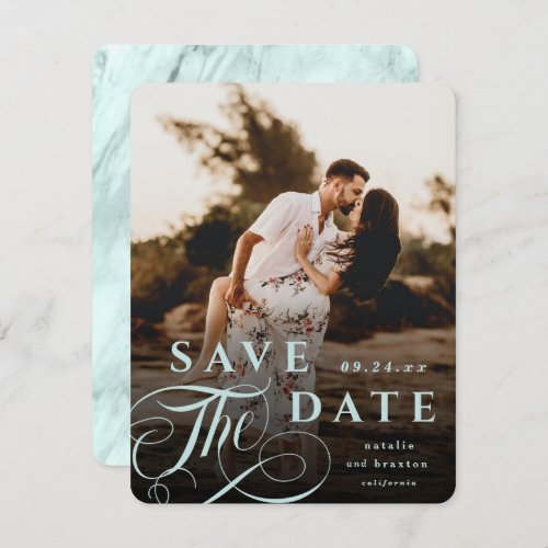 Elegant Pastel Mint Typography  Marble Back Photo Save The Date