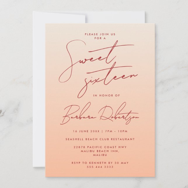 Elegant Pastel Peach Ombre Script Sweet Sixteen Invitation (Front)