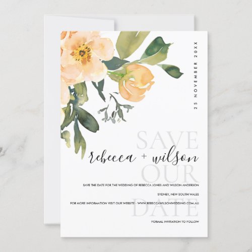 ELEGANT PASTEL PEACH PEONY WATERCOLOR FLORAL SAVE THE DATE