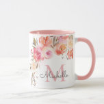 Elegant Pastel Peach Pink Rose Floral Monogrammed Mug<br><div class="desc">Beautiful, Pastel Peach Pink Rose Floral personalized name monogrammed mug. Elegant, light pink peach color watercolor roses, botanical floral design with foliage on white background. You can personalize with your name and monogram initial with a pretty elegant handwritten typography. This feminine mug makes the perfect gift for her for birthday,...</div>