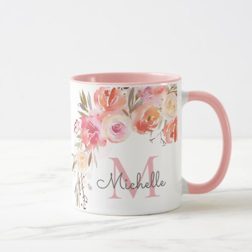 Elegant Pastel Peach Pink Rose Floral Monogrammed Mug