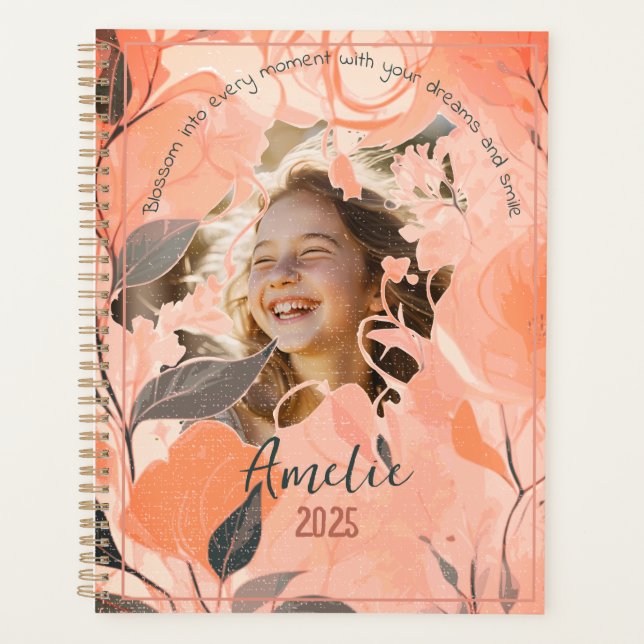 Elegant Pastel Peach & Sage Floral Photo Planner (Front)