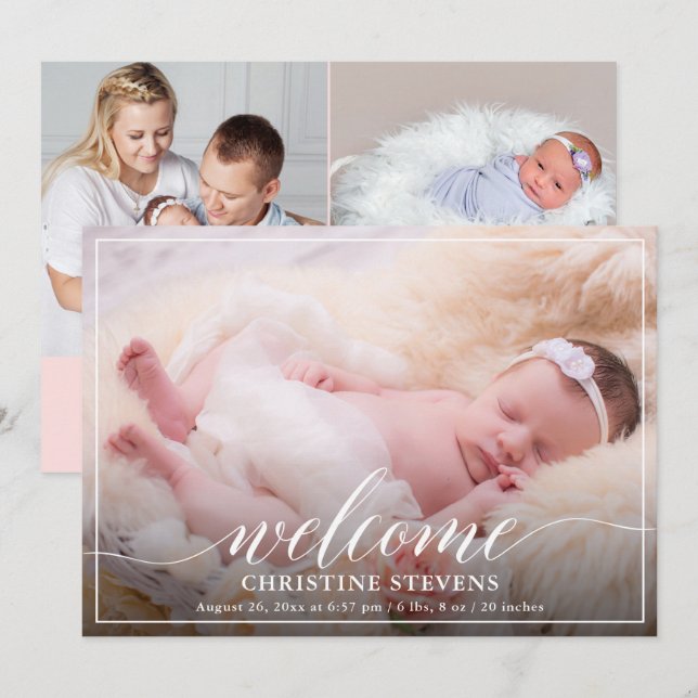 Elegant Pastel Pink 3 Photo Birth Announcement (Front/Back)