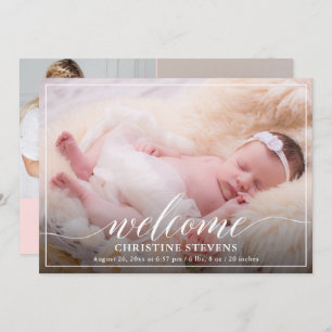 Elegant Pastel Pink 3 Photo Birth Announcement