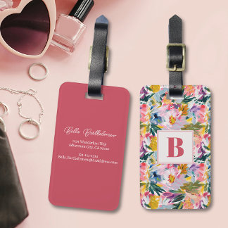 Elegant Pastel Pink Abstract Floral Monogrammed Luggage Tag