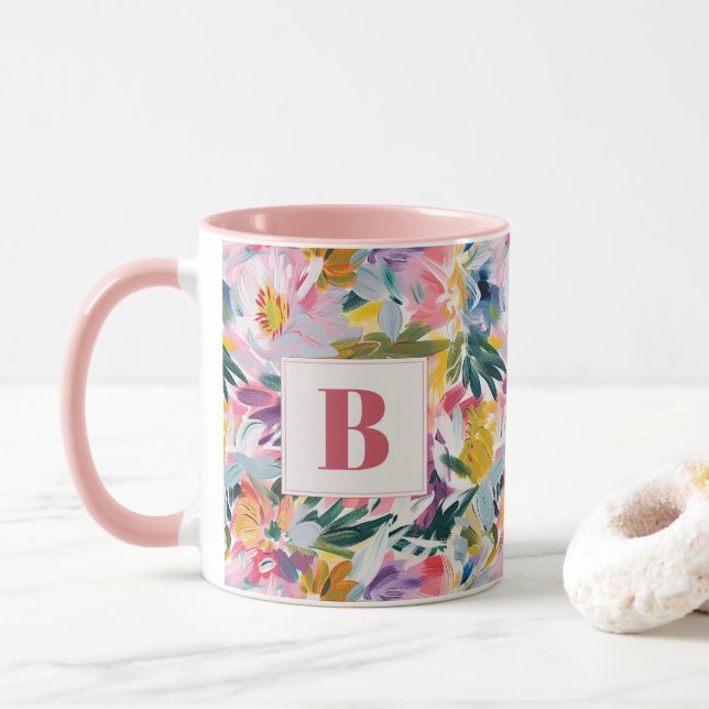 Elegant Pastel Pink Abstract Floral Monogrammed  Mug (With Donut)