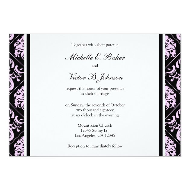 Elegant Pastel Pink And Black Damask Wedding Photo Card