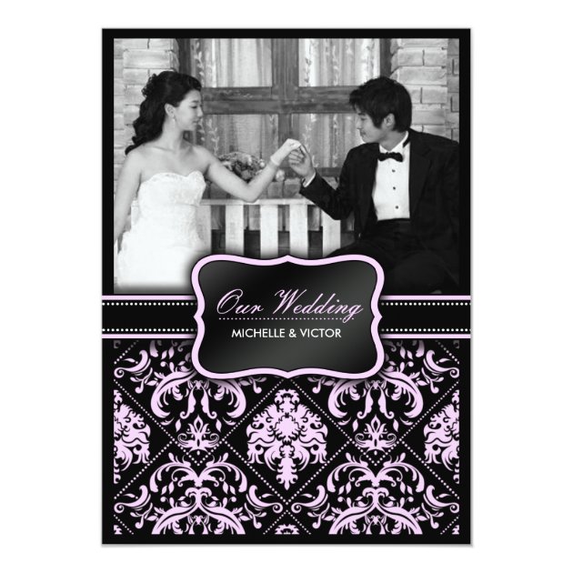 Elegant Pastel Pink And Black Damask Wedding Photo Card