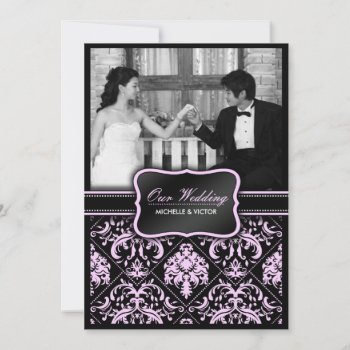 Elegant Pastel Pink And Black Damask Wedding Photo Invitation by weddingsNthings at Zazzle
