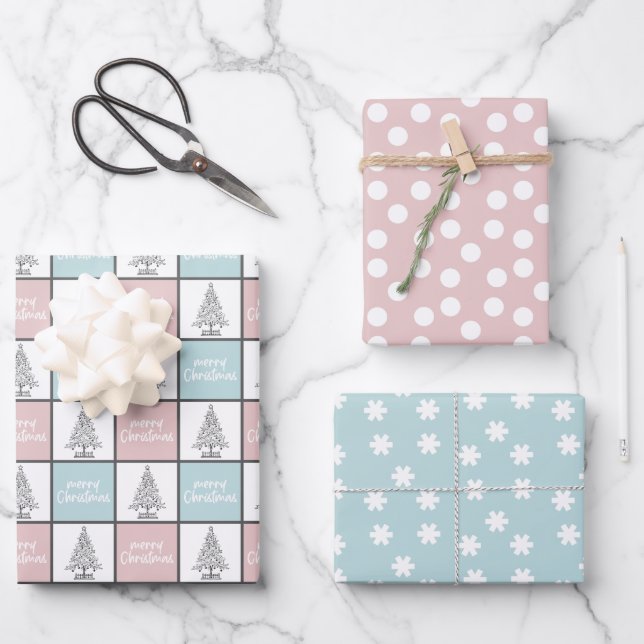 Elegant Pastel Pink and Blue Christmas Pattern Wrapping Paper Sheets (Front)