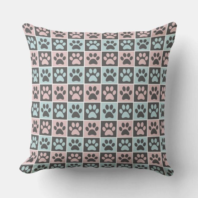 Elegant Pastel Pink and Blue Paw Print Pattern Throw Pillow (Front)