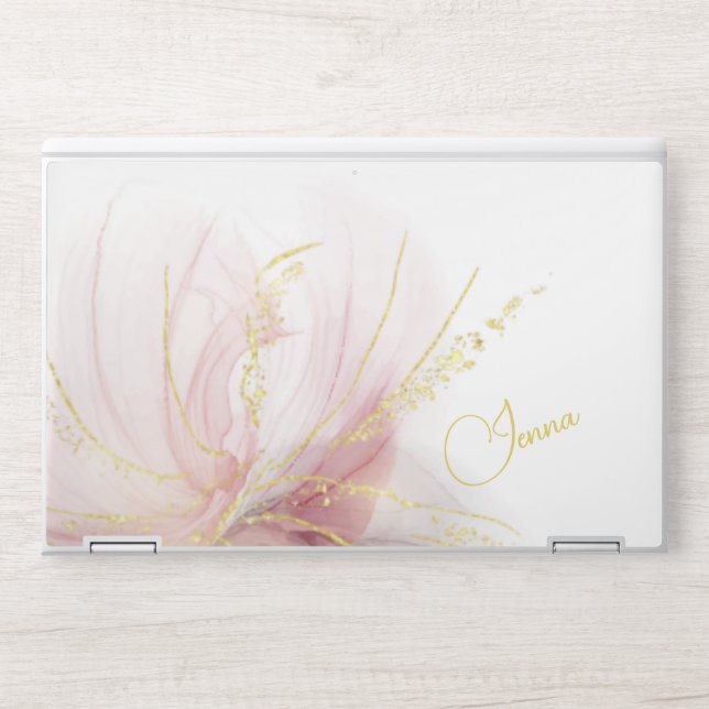 Elegant Pastel Pink and Gold Feathered Abstract HP Laptop Skin (Front)