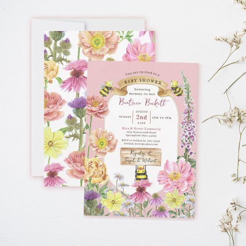 Elegant Pastel Pink Bee and Wildflower Baby Shower Invitation