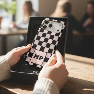 Elegant Pastel Pink & Black Checkerboard Monogram iPhone 17 Pro Max Case