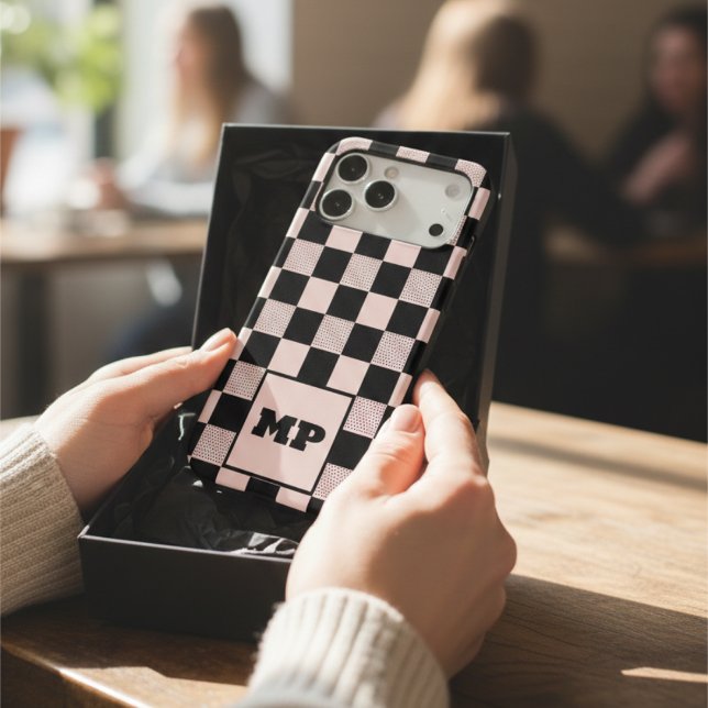Elegant Pastel Pink & Black Checkerboard Monogram Case-Mate iPhone Case (Creator Uploaded)
