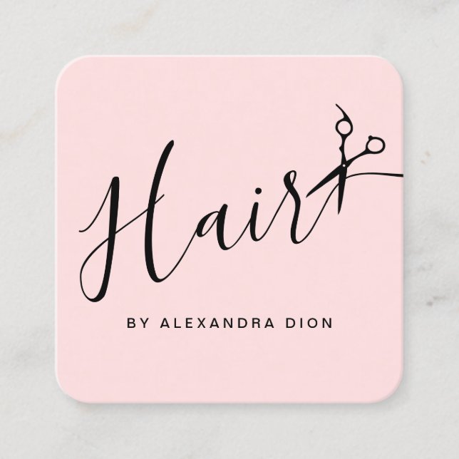Elegant pastel pink & black scissors hairstylist square business card (Front)
