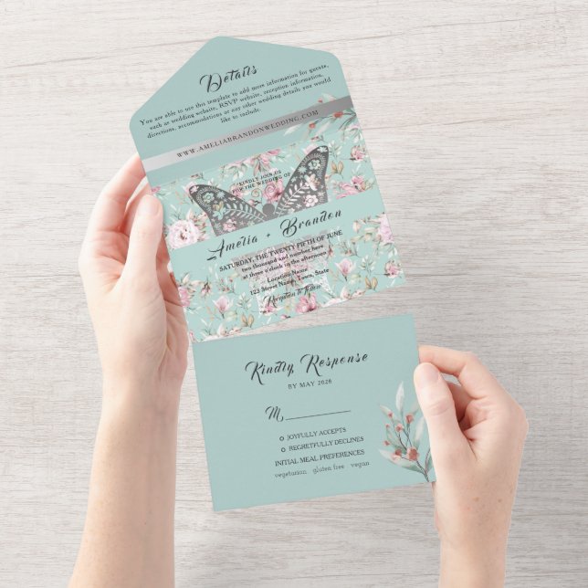 Elegant Pastel Pink Blue Floral Wedding All In One Invitation (Tearaway)