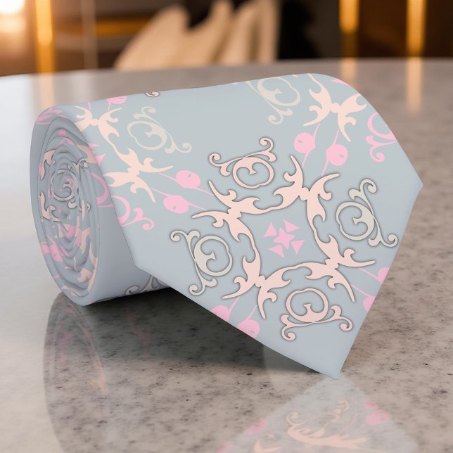 Elegant Pastel Pink & Blue Grey Baroque Damask Neck Tie (Creator Uploaded)