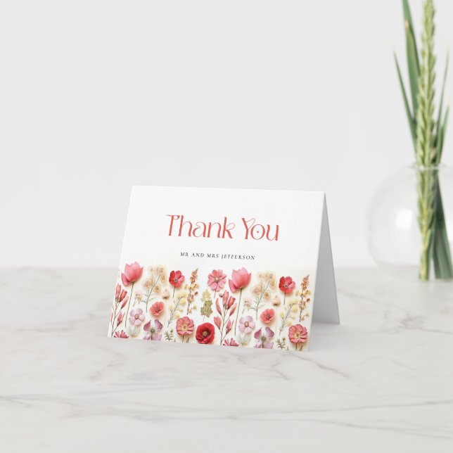 Elegant Pastel Pink Bohemian Field Wildflower Thank You Card (Front)