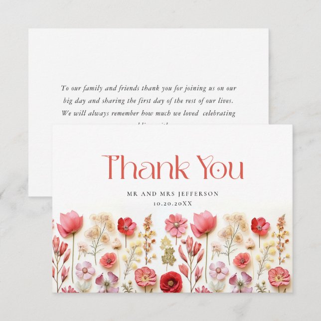 Elegant Pastel Pink Bohemian Field Wildflower Thank You Card (Front/Back)