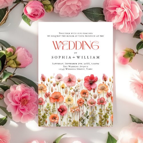 Elegant Pastel Pink Boho Wild Flowers Wedding Invitation