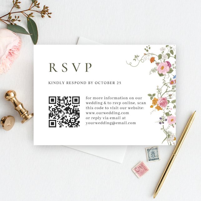 Elegant Pastel Pink Boho Wild Flowers Wedding RSVP Card (Creator Uploaded)