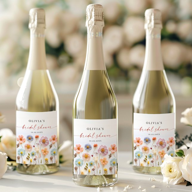Elegant Pastel Pink Boho Wildflower Bridal Shower Wine Label (Creator Uploaded)