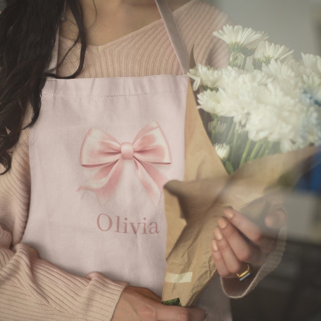 Elegant Pastel Pink Bow & Name Personalized Apron (Creator Uploaded)