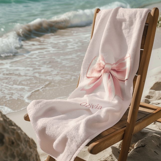 Elegant Pastel Pink Bow & Name Personalized  Beach Towel (Creator Uploaded)