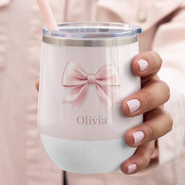 Elegant Pastel Pink Bow & Name Personalized  Thermal Wine Tumbler (Creator Uploaded)