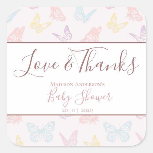 Elegant Pastel Pink Butterflies Baby Shower Thanks Square Sticker