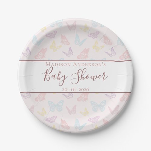 Elegant Pastel Pink Butterfly Pattern Baby Shower Paper Plates