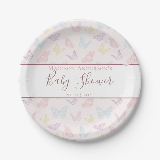 Elegant Pastel Pink Butterfly Pattern Baby Shower Paper Plates (Front)