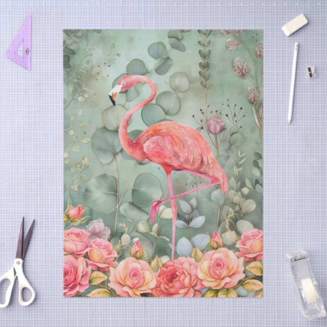 Elegant Pastel Pink Flamingo & Roses Decoupage Tissue Paper (Craft)