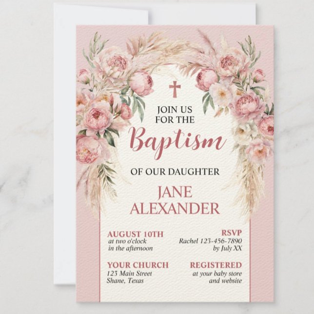 Elegant Pastel Pink Floral Baptism Invitation (Creator Uploaded)