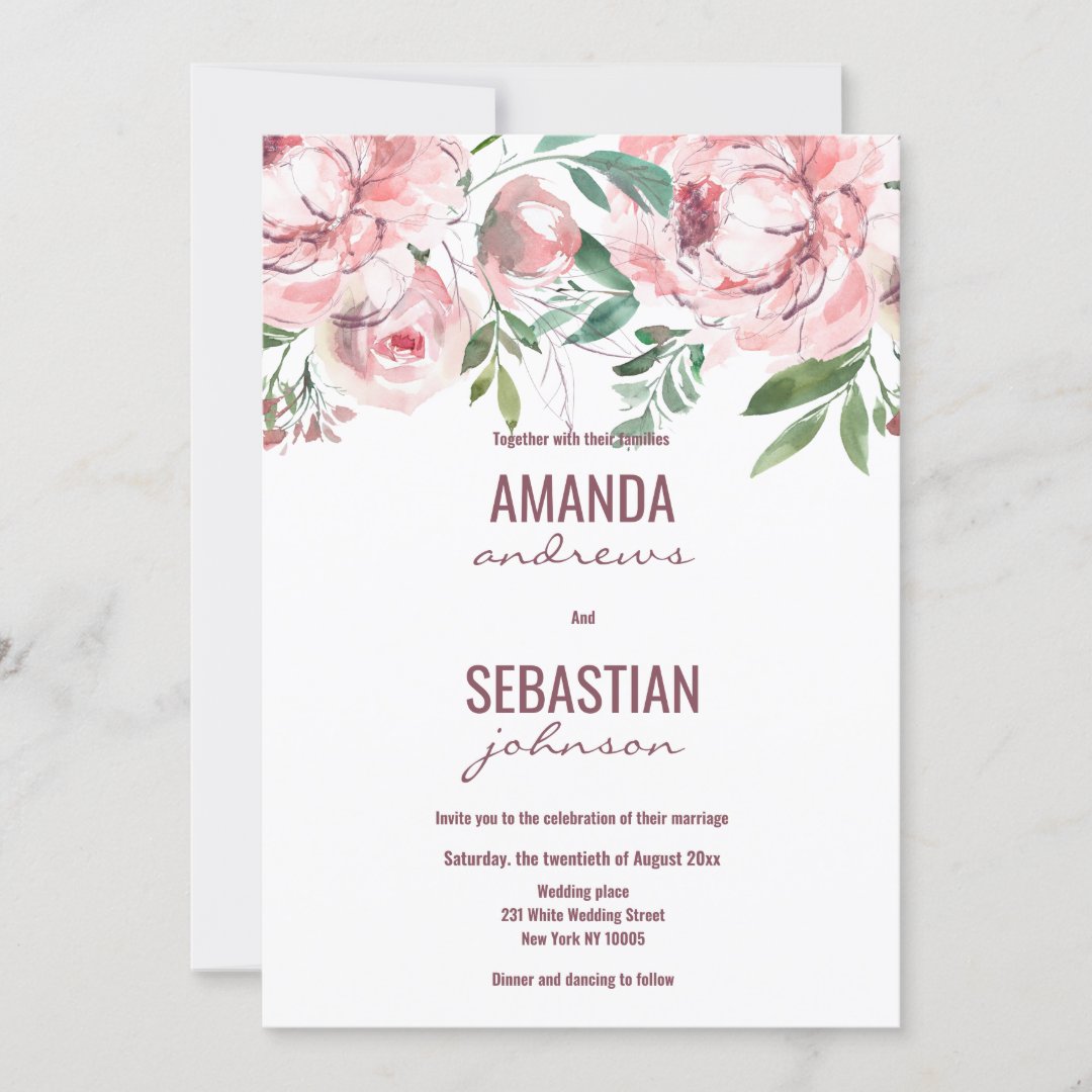 Elegant pastel pink floral botanic theme wedding invitation | Zazzle