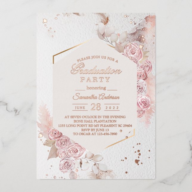 Elegant Pastel Pink Floral Frame Fancy Rose Gold  Foil Invitation (Front)