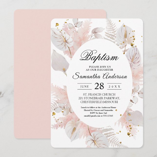 Elegant Pastel Pink Floral Frame & Gold Drops Invitation (Front/Back)