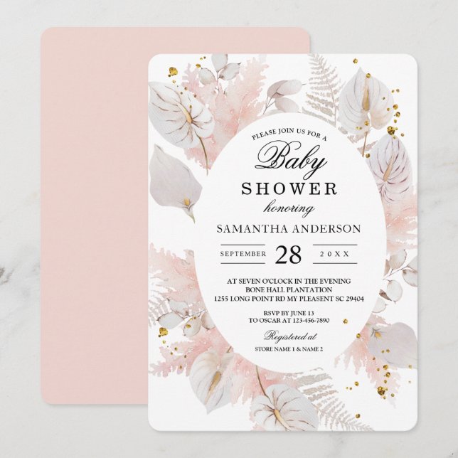 Elegant Pastel Pink Floral Frame & Gold Drops Invitation (Front/Back)