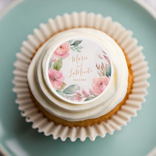 Elegant Pastel Pink Floral Personalized Wedding Edible Frosting Rounds