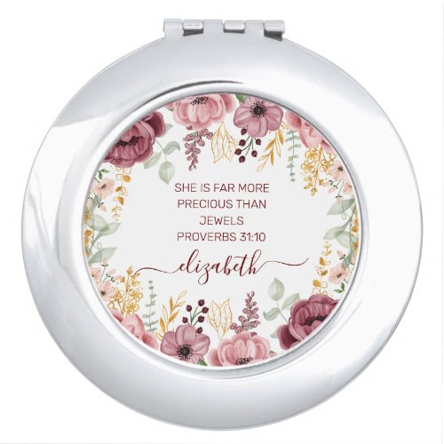 Elegant pastel pink flower scripture name compact mirror