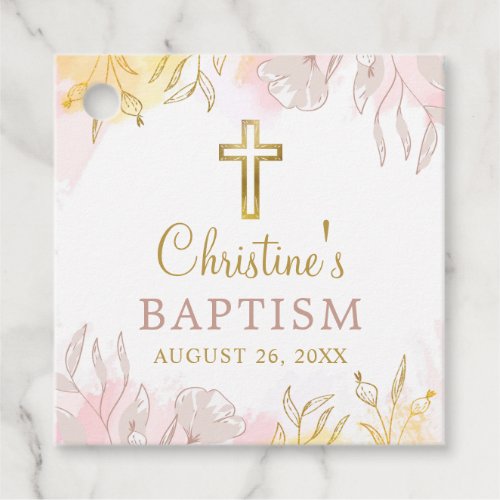 Elegant Pastel Pink Gold Floral Girl Baptism Favor Tags