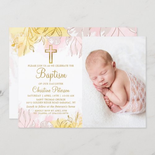 Elegant Pastel Pink Gold Floral Girl Baptism Photo Invitation
