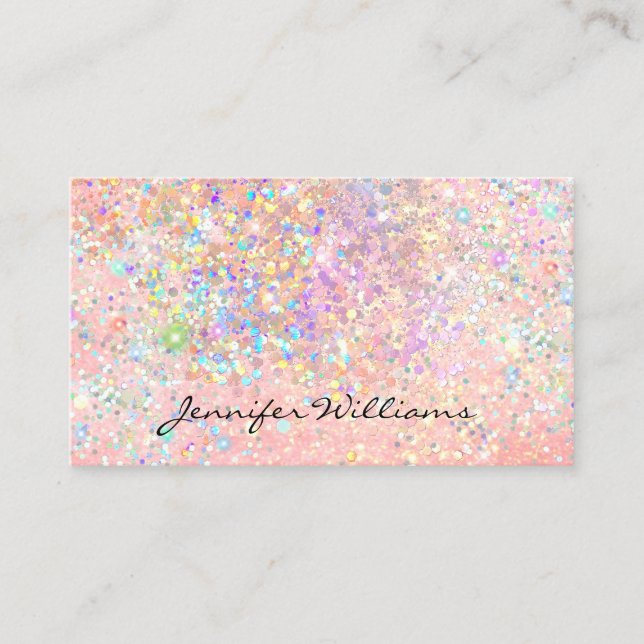 Elegant Pastel Pink Gold Holographic Glitter Business Card (Front)