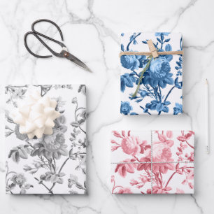 Elegant Pastel Pink, Gray, Blue Roses Wrapping Paper Sheets