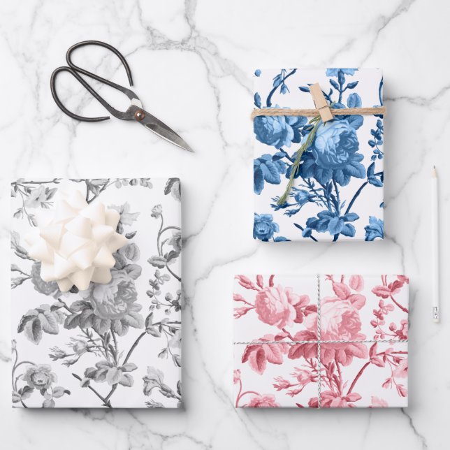Elegant Pastel Pink, Gray, Blue Roses  Wrapping Paper Sheets (Front)