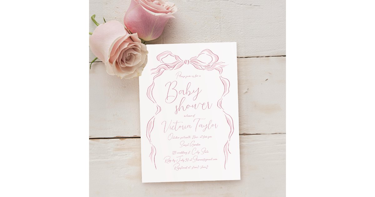 Elegant Pastel Pink Hand Drawn Bow Baby Shower Invitation | Zazzle